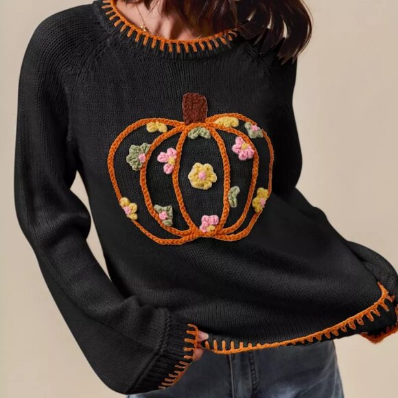 SO ME Pumpkin Floral Embroidered Sweater - Picture 1 of 4